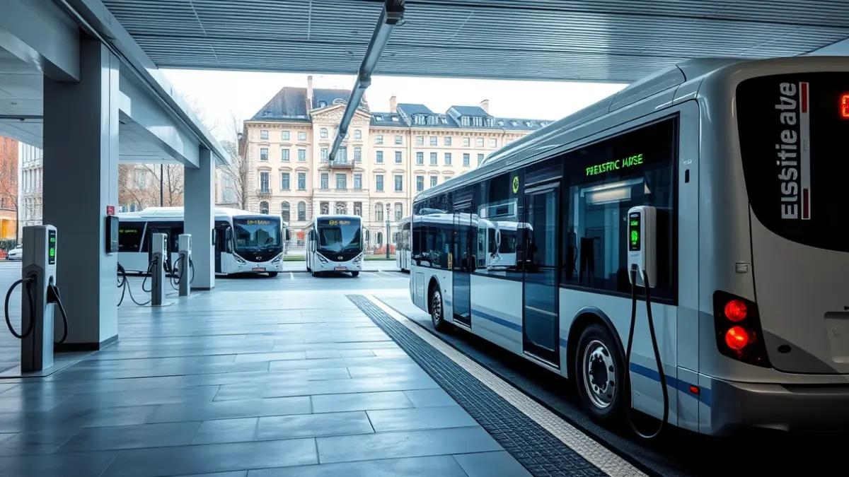 Generic image of an electric bus charging station in an urban depot.