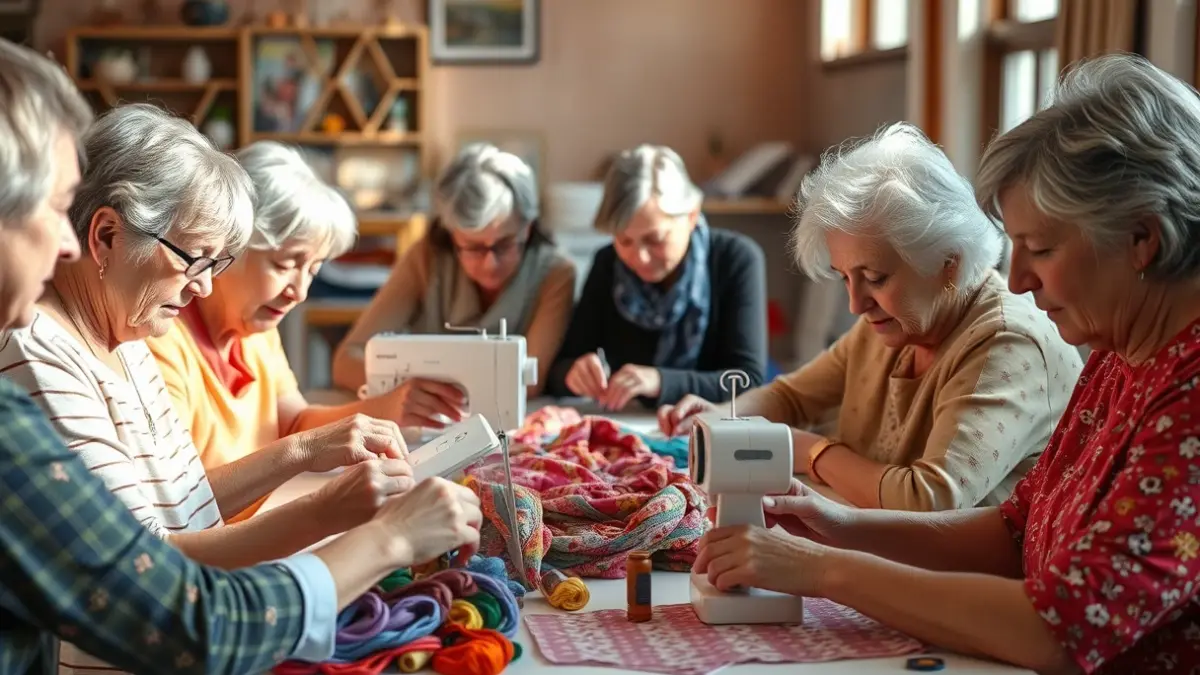 Irudi generikoa belaunaldi arteko josteko tailer batean parte hartzen duten pertsonen eskuena, oihal eta hari koloretsuekin.