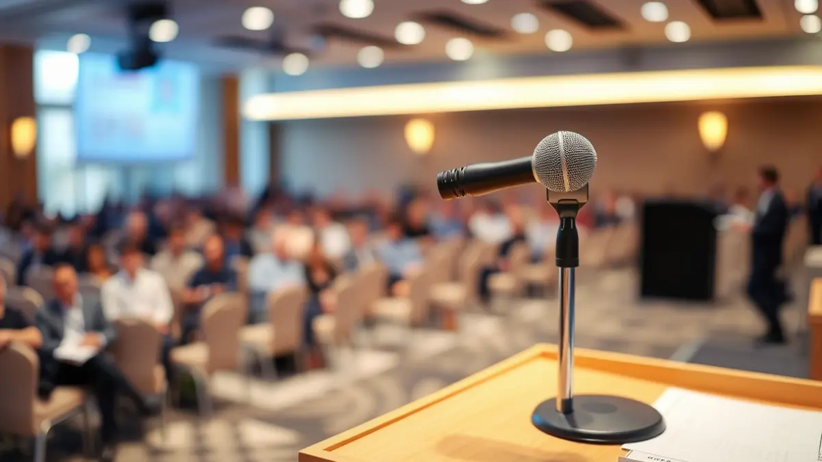 Mikrofono bat hitzaldi areto batean, atzealdean jendea lauso ikusten dela.