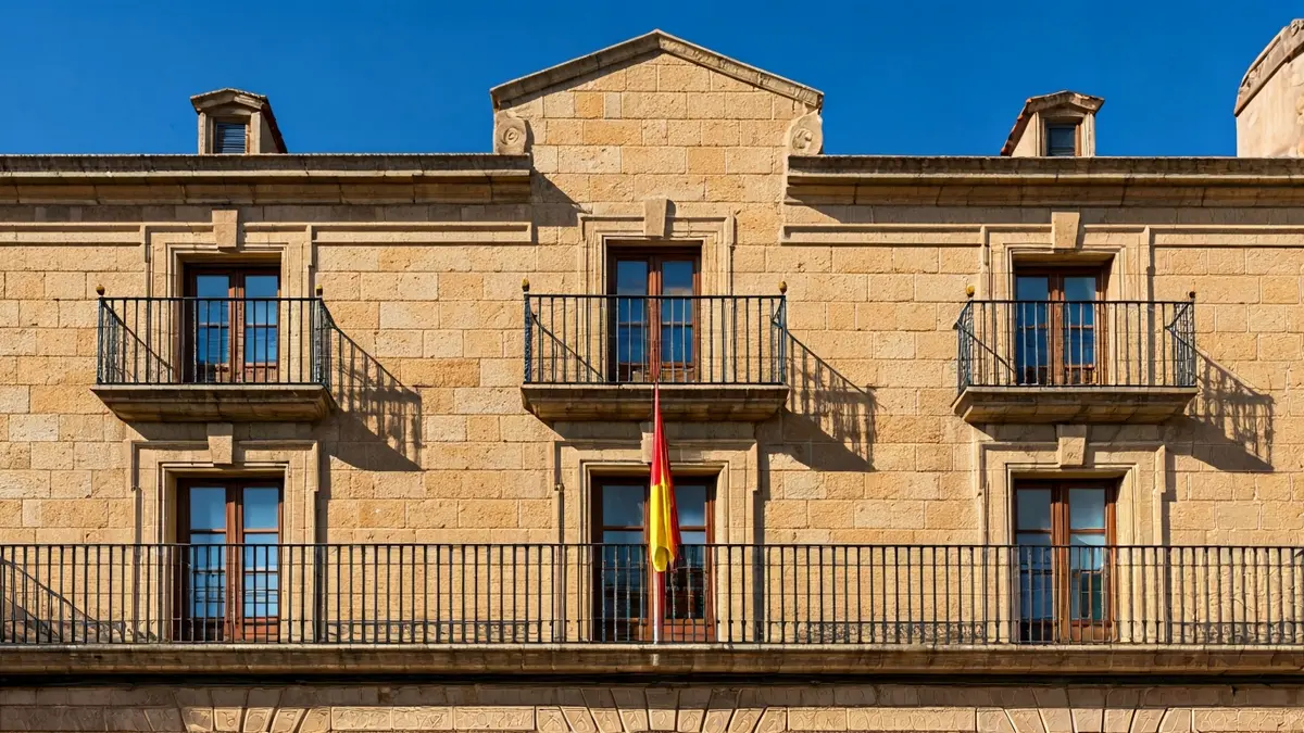 Irudi generikoa Iruneko udaletxearen fatxadarena, eguzki argitan.