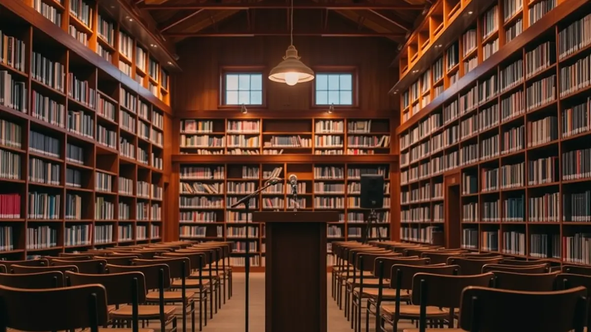 Generic image of a library interior with wooden bookshelves and a microphone.
