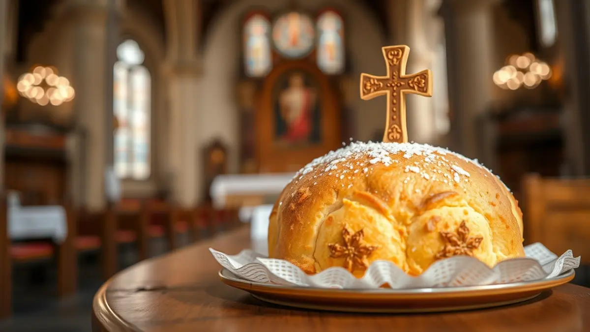 Imagen de una opila tradicional, decorada con una cruz, con el interior de una iglesia difuminado al fondo.