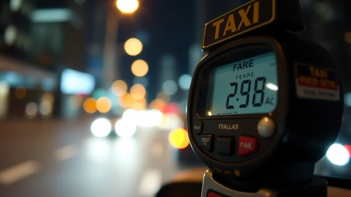 Irudi generikoa taxi-kontagailu batena, gaueko hiriko argiak atzealdean lausotuta.