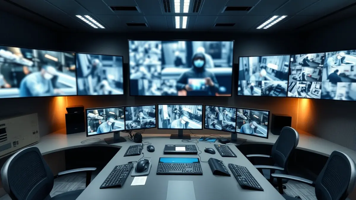 Irudi generikoa zaintza-kameren irudiak erakusten dituzten monitore anitz dituen kontrol-gela moderno batena.