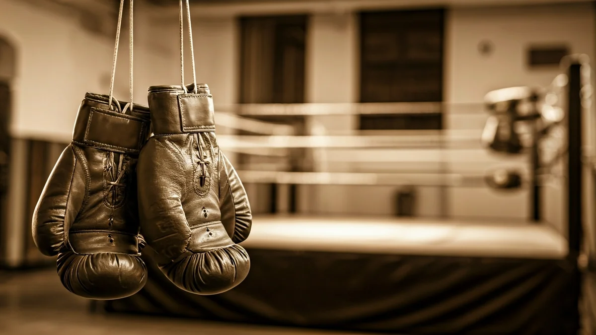 Irudi generikoa boxeolari zaharreko eskularruak soka batean zintzilik, gimnasio ilun batean.