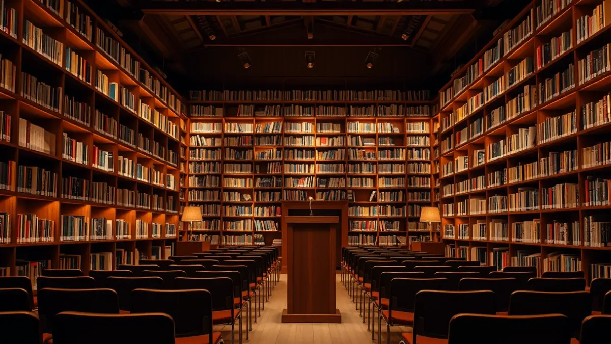 Imagen genérica de una sala de teatro con un micrófono y sillas vacías, con iluminación cálida.