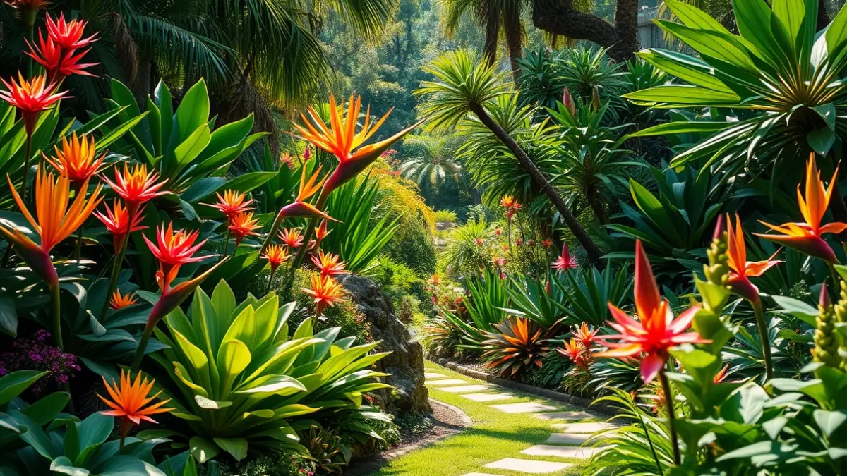 Generic image: A botanical garden with exotic plants and flowers, under sunlight.