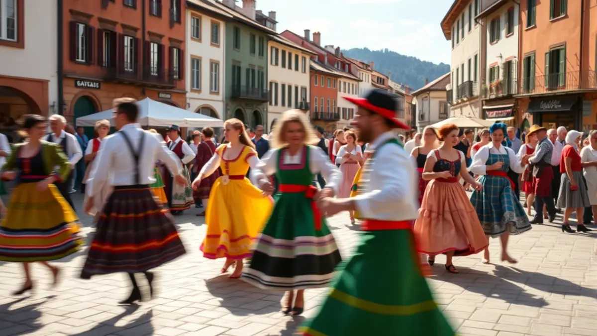 Irudi generikoa Algortako plaza batean dantza tradizionalak egiten dituzten pertsonekin, jai giroan.