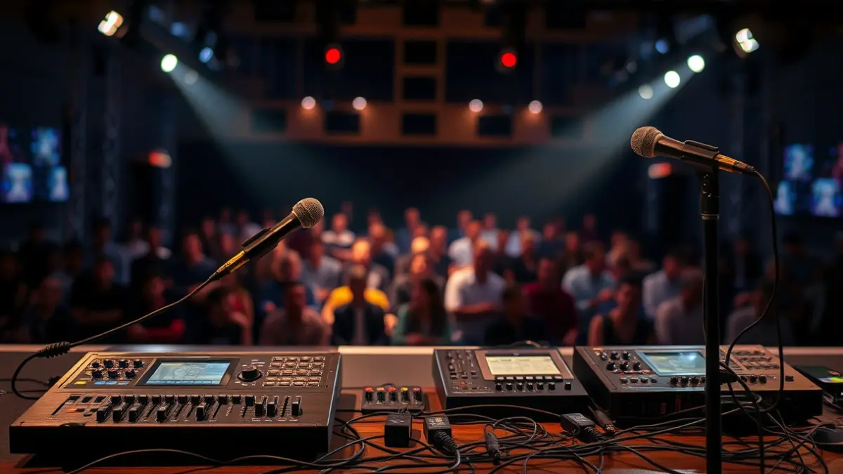 Irudi generikoa eszenatoki baten, musika elektronikoaren ekipamenduarekin eta mikrofonoekin, argiztapen atmosferikoan.