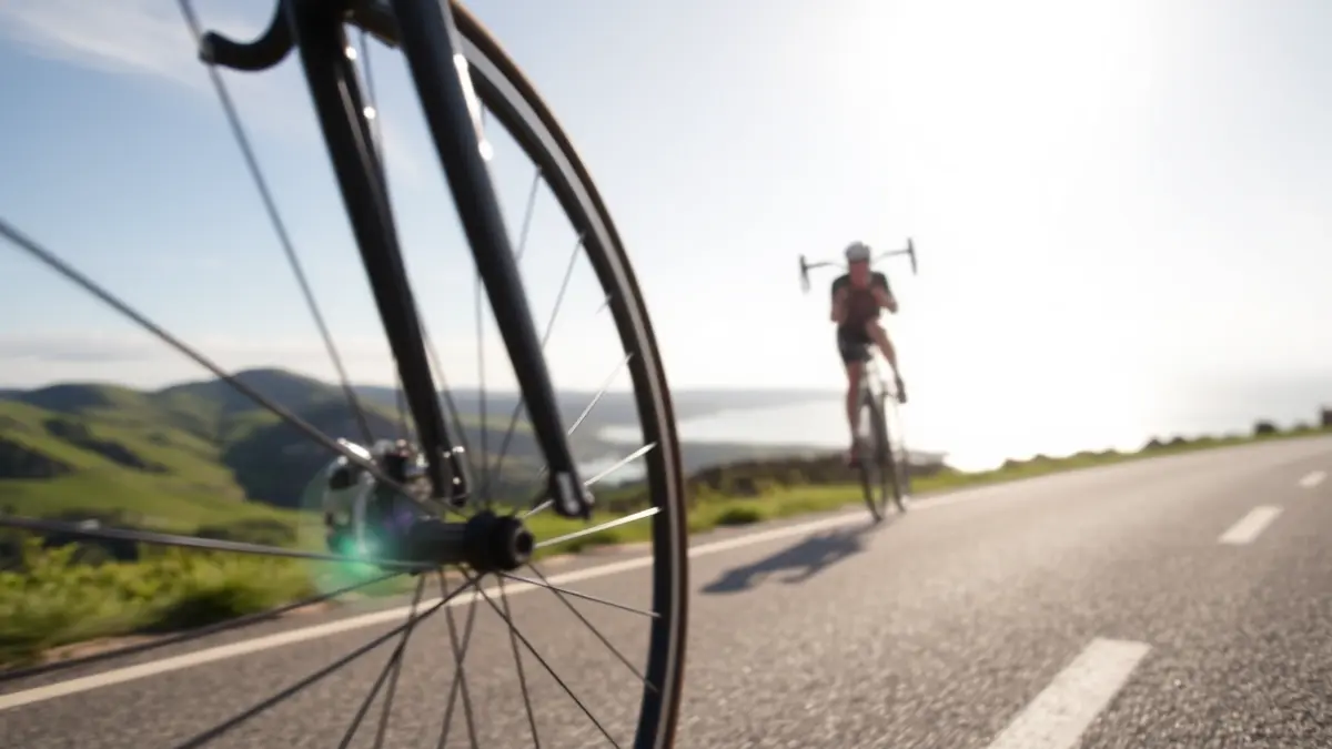 Bicycle wheel and part of the frame on an asphalt road, with blurred green hills and a coastal landscape in the background under a bright sky.