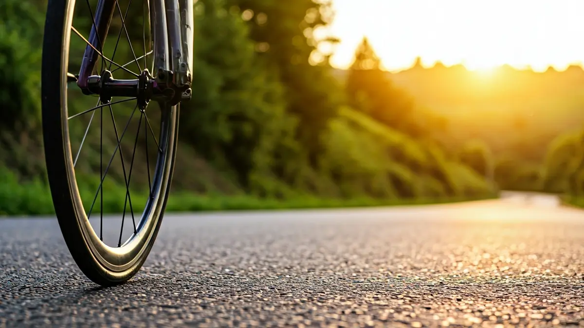 Irudi generikoa bizikleta gurpil bat errepidean, atzealdean paisaia berdeak lauso.