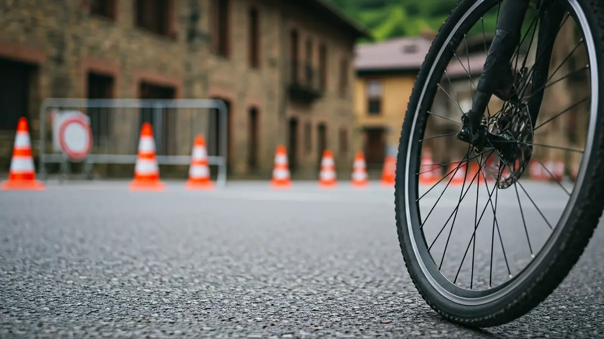 Itzuliaren ondorioz itxitako errepide baten irudi generikoa, bizikleta gurpil bat eta trafiko seinaleak agertzen direlarik.