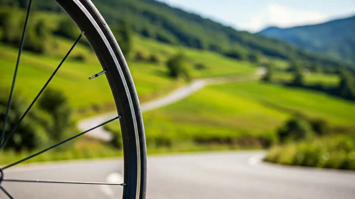 Irudi generikoa txirrindularitza lasterketa baten gurpil baten xehetasuna erakusten duena, atzealdean paisaia lausoa duela.