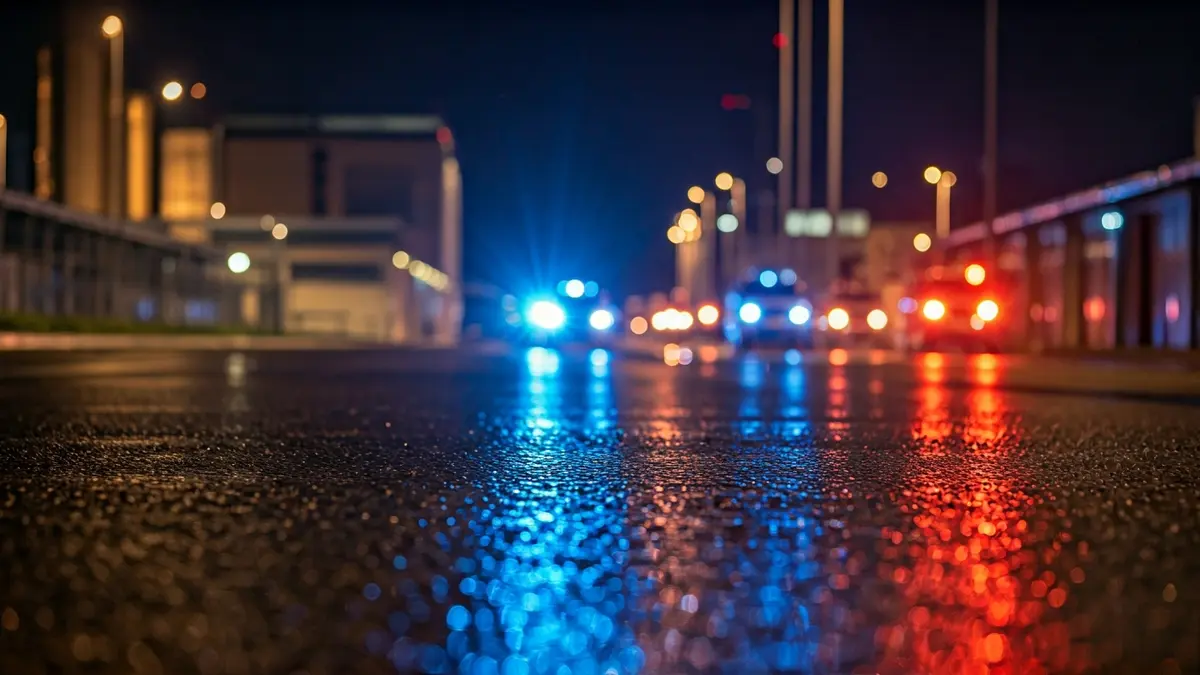 Generic image of blue and red emergency lights reflecting on wet asphalt at night.