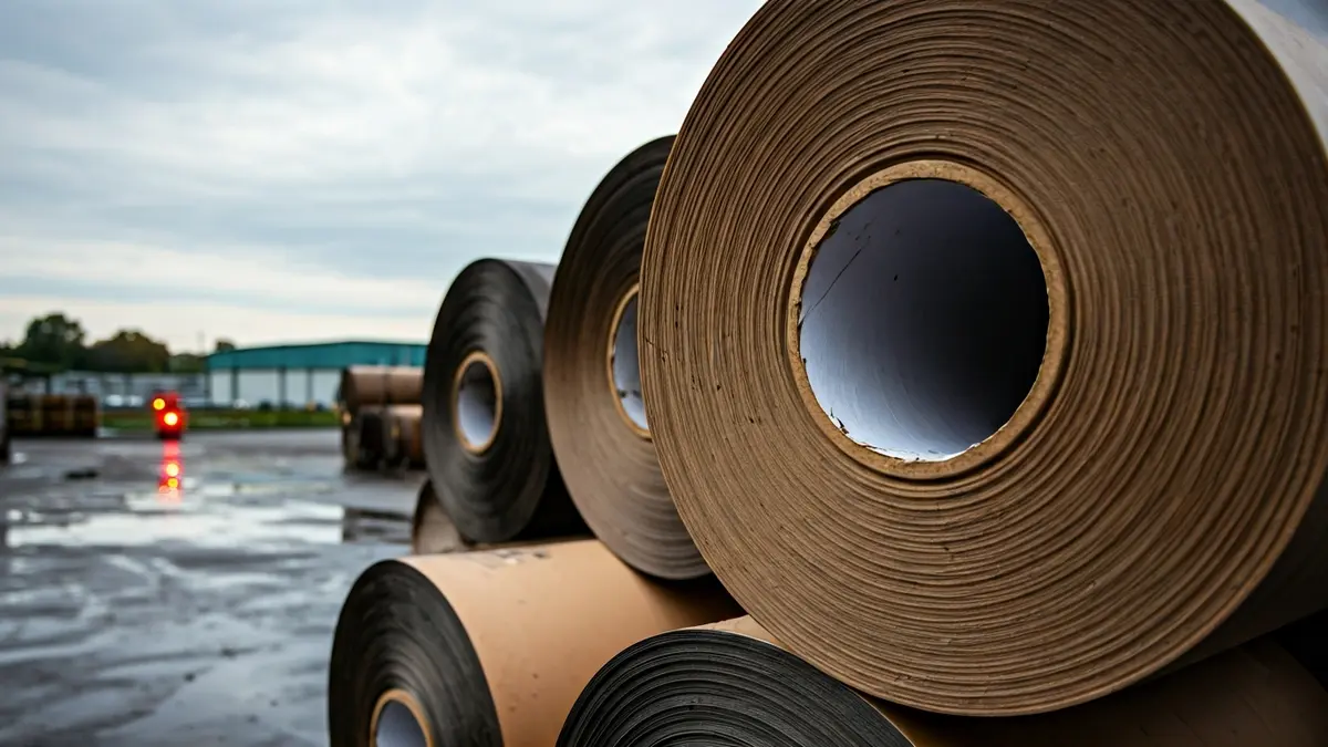 Irudi generikoa paper-bobina erreen pilaren batena, kanpoko industria-ingurune batean, euri arrastoekin.