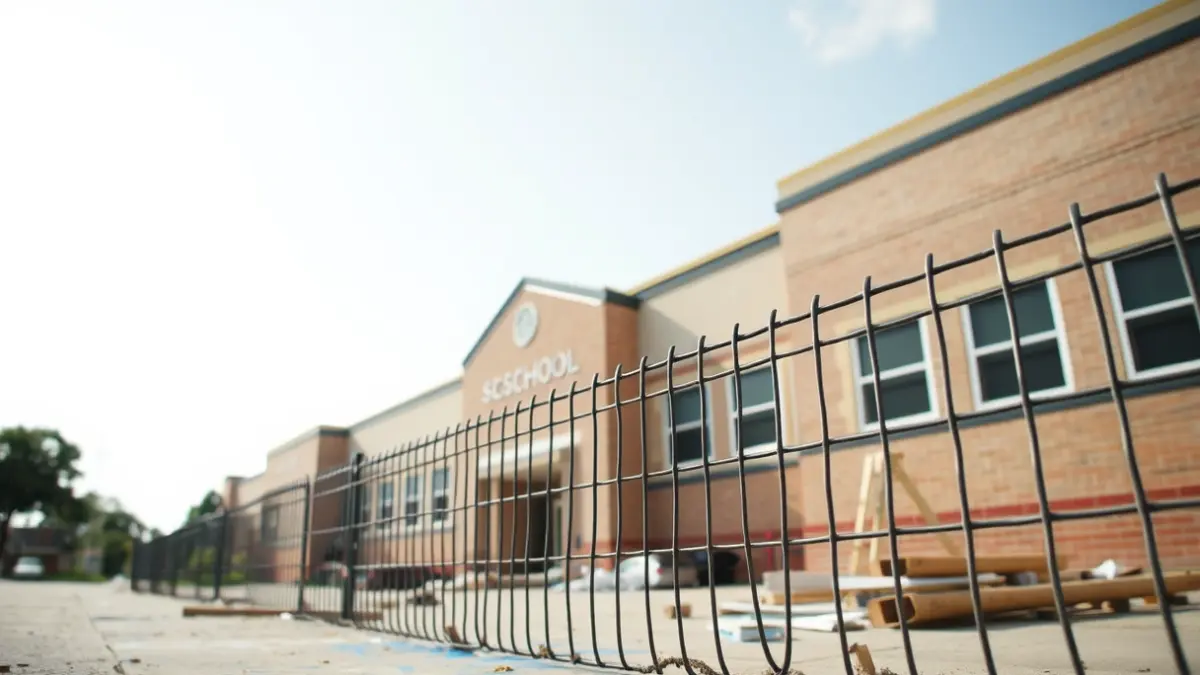 Facade of Maiztegi Herri Eskola with damaged fence and paint stains on the ground.