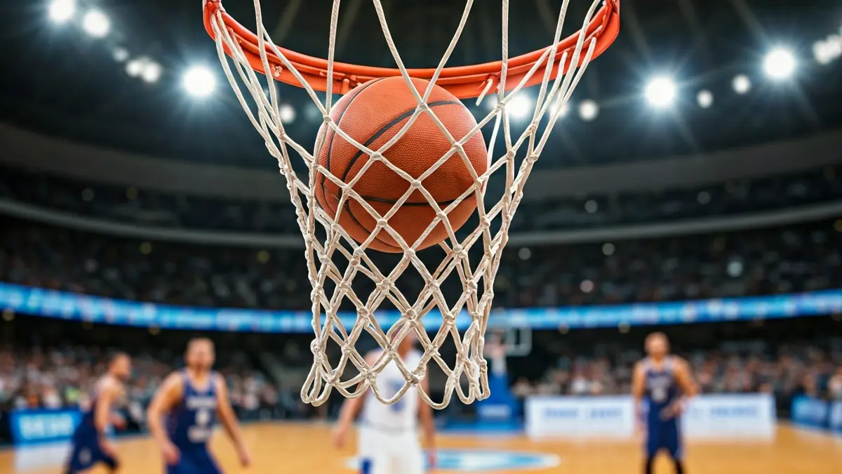 Generic image of a basketball net with a ball going through it, with blurred players in the background.