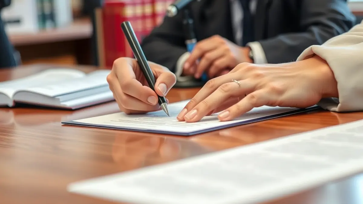 Irudi generikoa, eskuak dokumentu bat sinatzen mahai batean, atzealdean liburuak eta mikrofonoa.