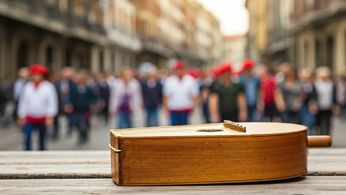 Txibilito bat egurrezko gainazal batean, Iruneko alardearen atzealde lausoarekin.