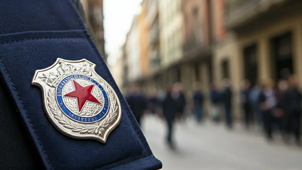 Irudi generikoa poliziaren intsignia baten uniformean, Euskadiko hiri-kale baten atzealde lausoarekin.