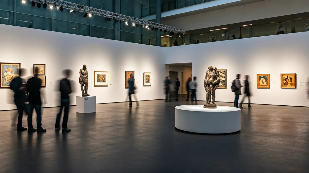 Generic image: A modern art exhibition with abstract sculptures evoking human forms.