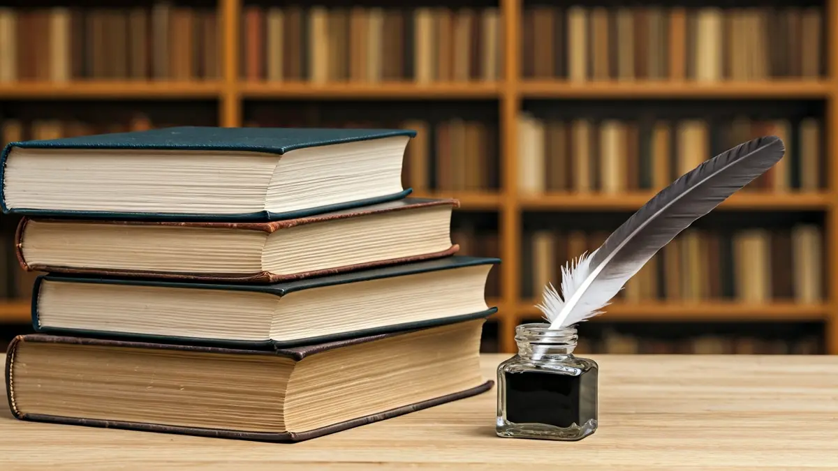 Irudi generikoa liburu zaharrez eta idazteko tresnez osatutako mahaiarena, ikerketa historikoa irudikatuz.