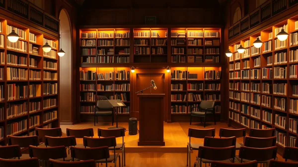 Generic image of a library interior with a microphone and empty chairs.