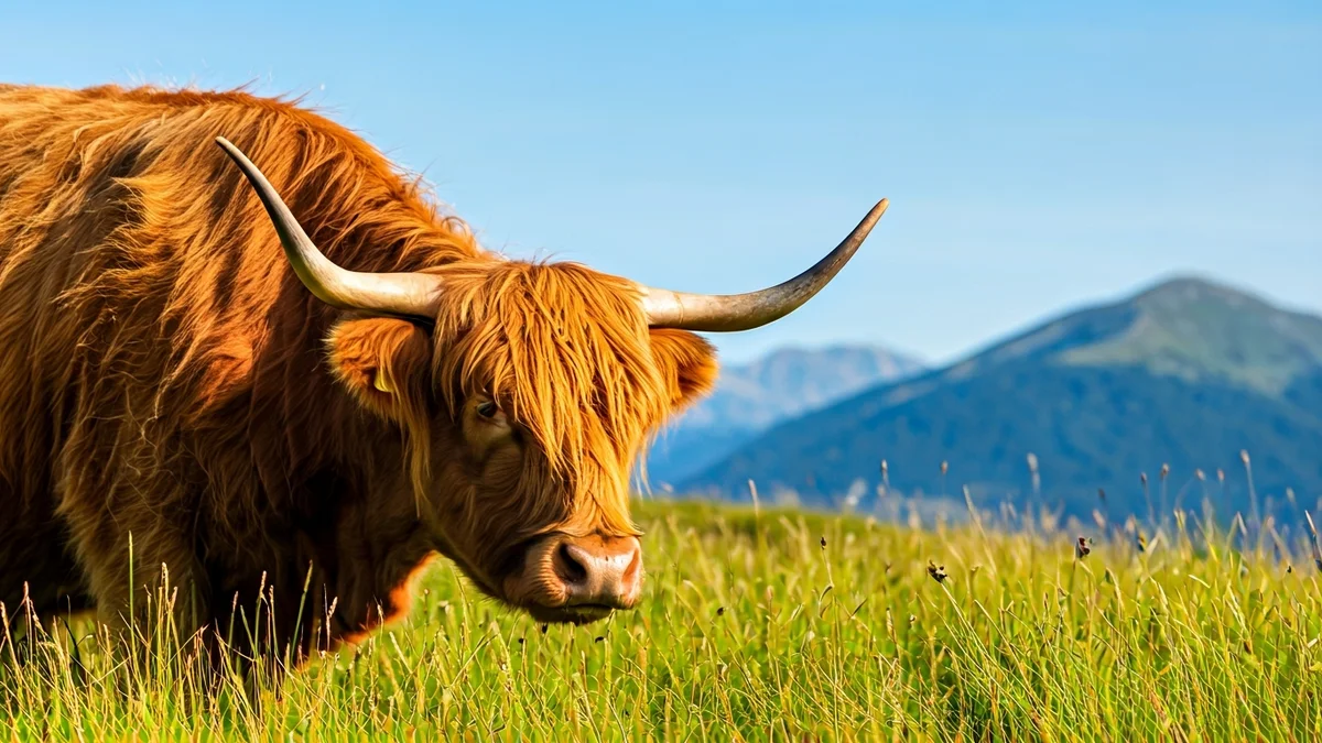 Highland behi baten irudi generikoa Aralar mendietako larre batean.