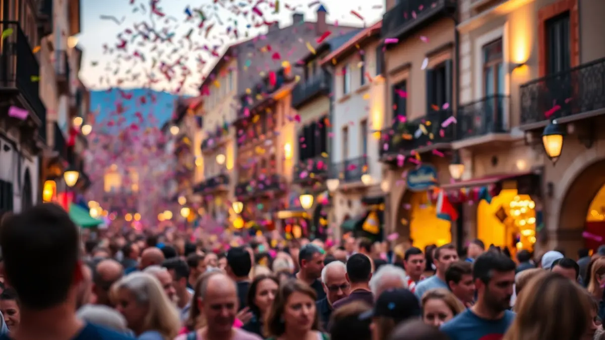 Irudi generikoa jai giroko kale batean, jende lausoarekin eta konfetiarekin.