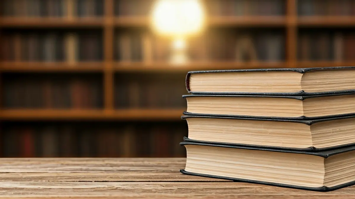 Generic image of a stack of old books in a quiet study environment.