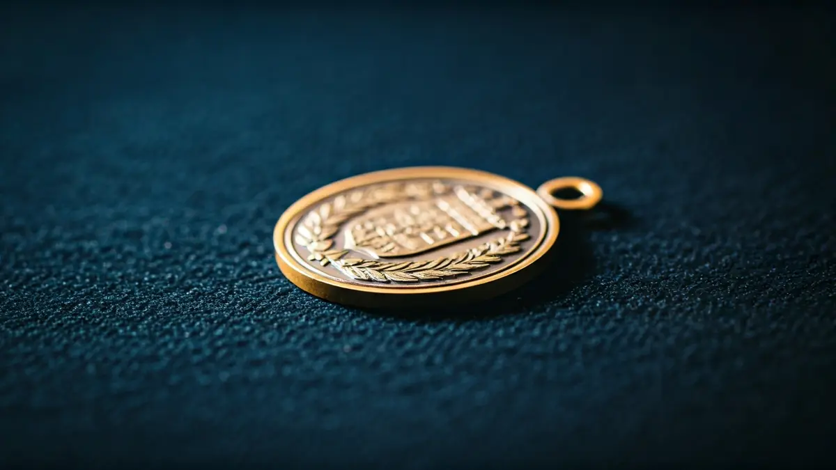 Generic image: Close-up of a medal with intricate details, resting on a dark velvet surface.