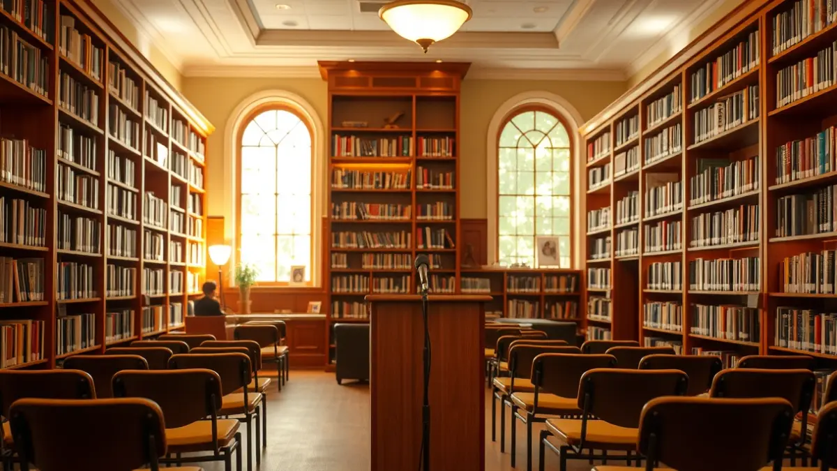 Irudi generikoa: antzerki areto bat, mikrofono bat eta aulki hutsak