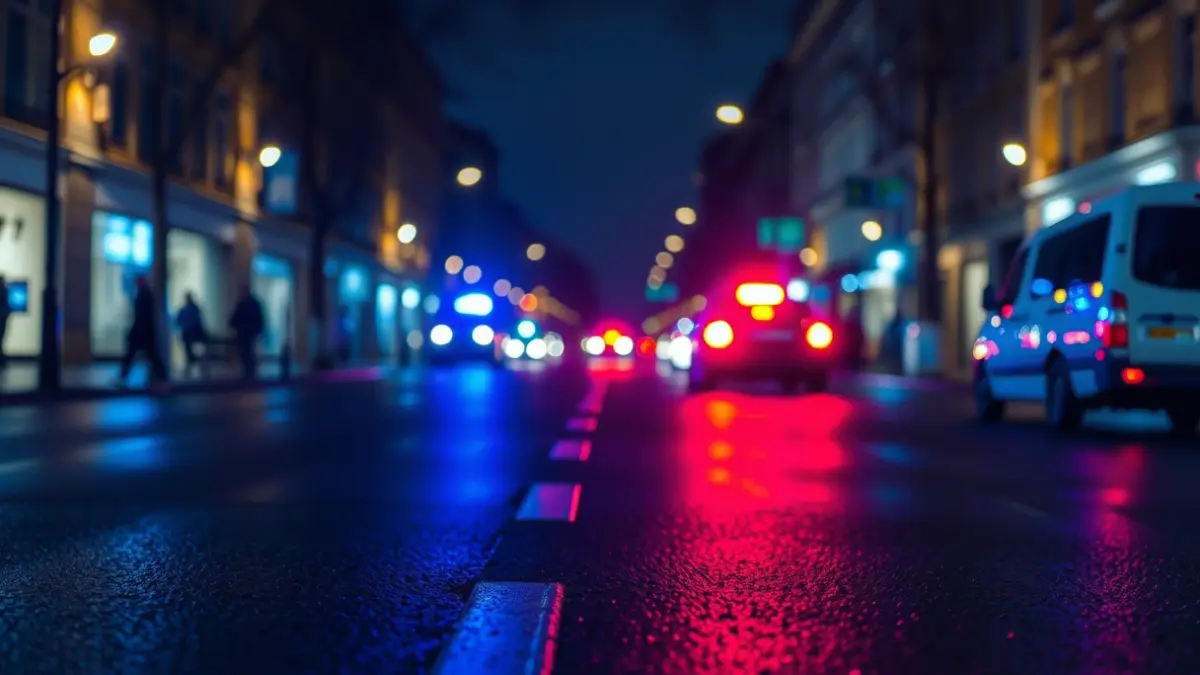 Generic image of blue and red emergency lights reflecting on wet asphalt at night.