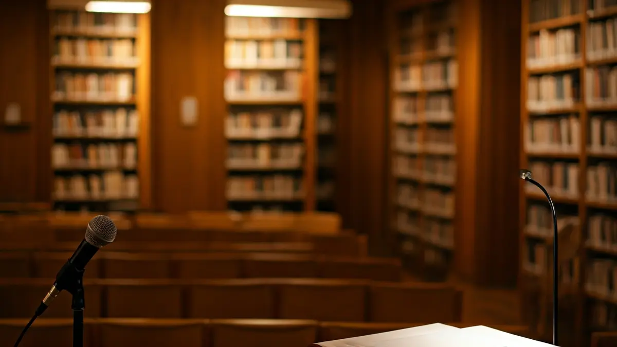 Imagen genérica del interior de una biblioteca con un micrófono y sillas vacías.