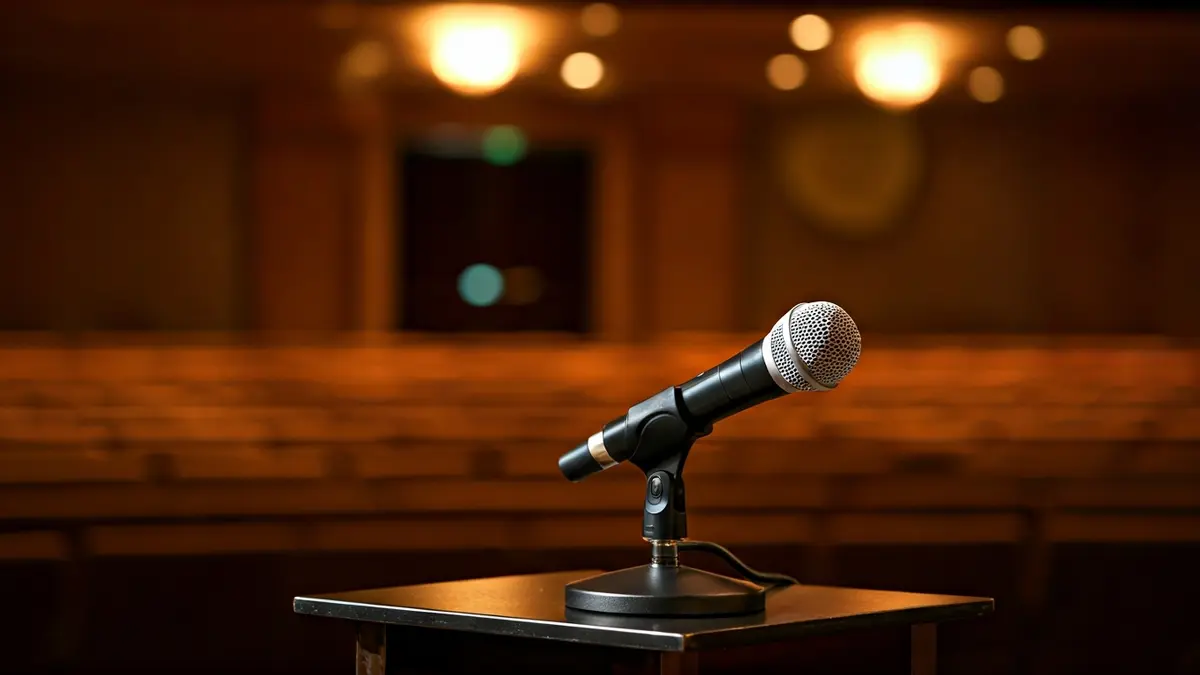 Mikrofono bat auditorio bateko podiumean, atzealdean eserleku hutsak lausotuta, aurkezpen giro zinematografikoa.