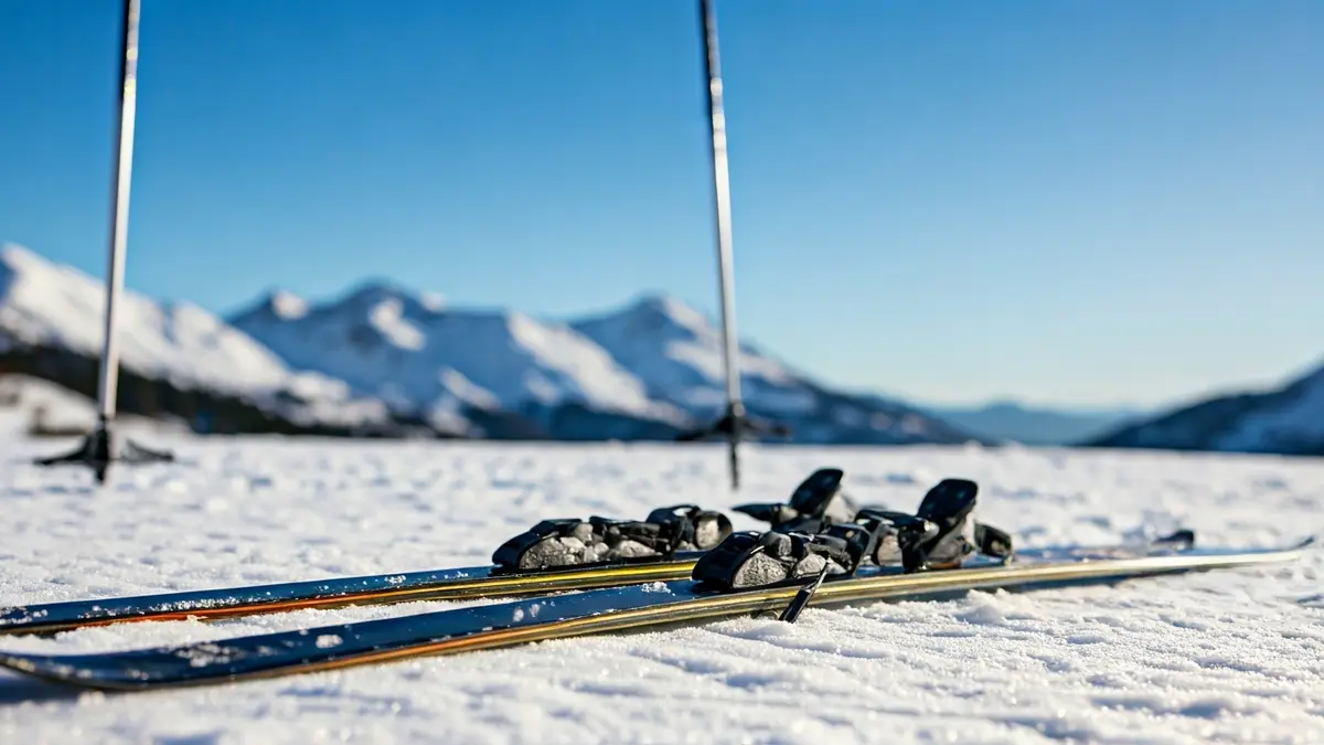 Imagen genérica de esquís y bastones de esquí de fondo sobre la nieve, con un fondo borroso de un paisaje montañoso nevado en Euskadi.