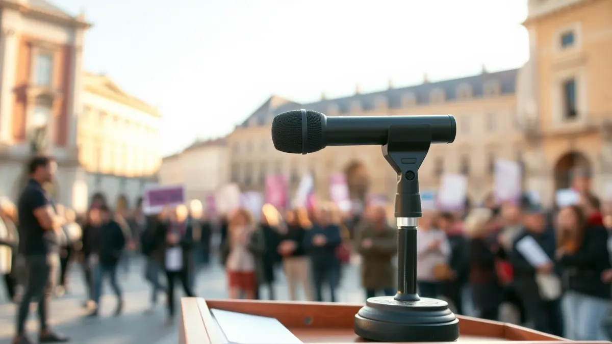 Imagen genérica de un micrófono y gente difuminada, representando una protesta.