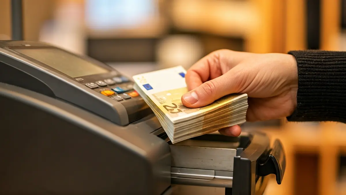 Irudi generikoa diru-transakzio batena, esku bat euro billeteak kutxa erregistratzaile batean sartzen.