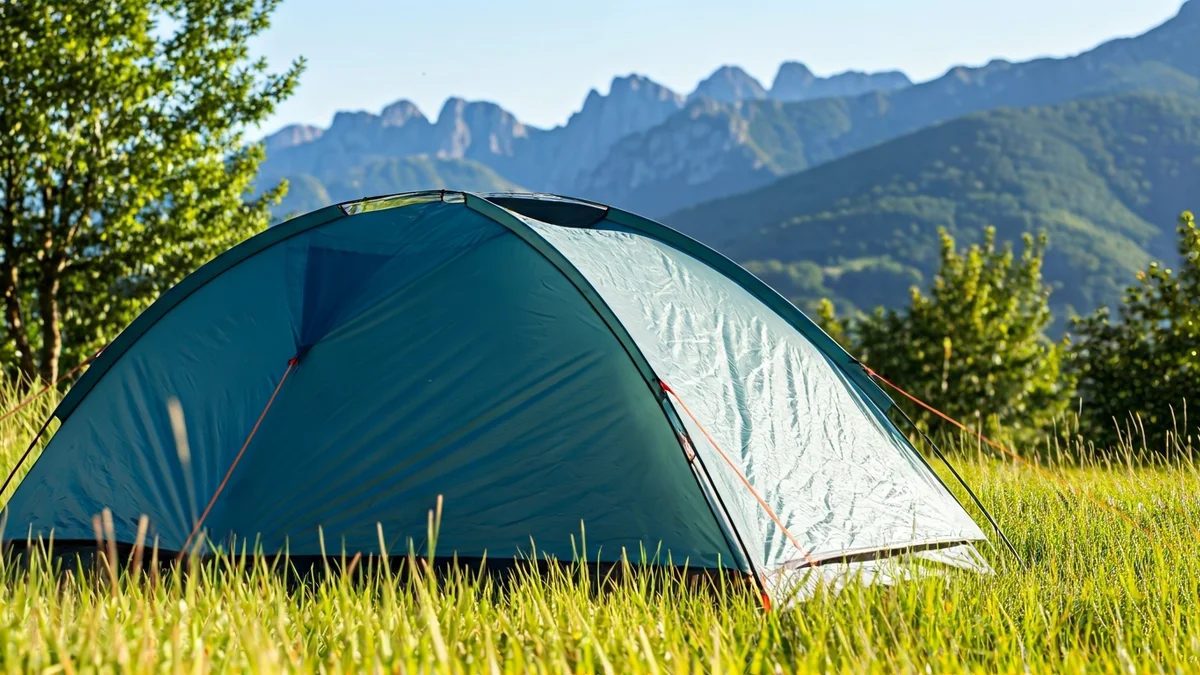 Irudi generikoa Euskadiko kanpin-denda moderno baten paisaia berde batean, mendiak atzealdean.