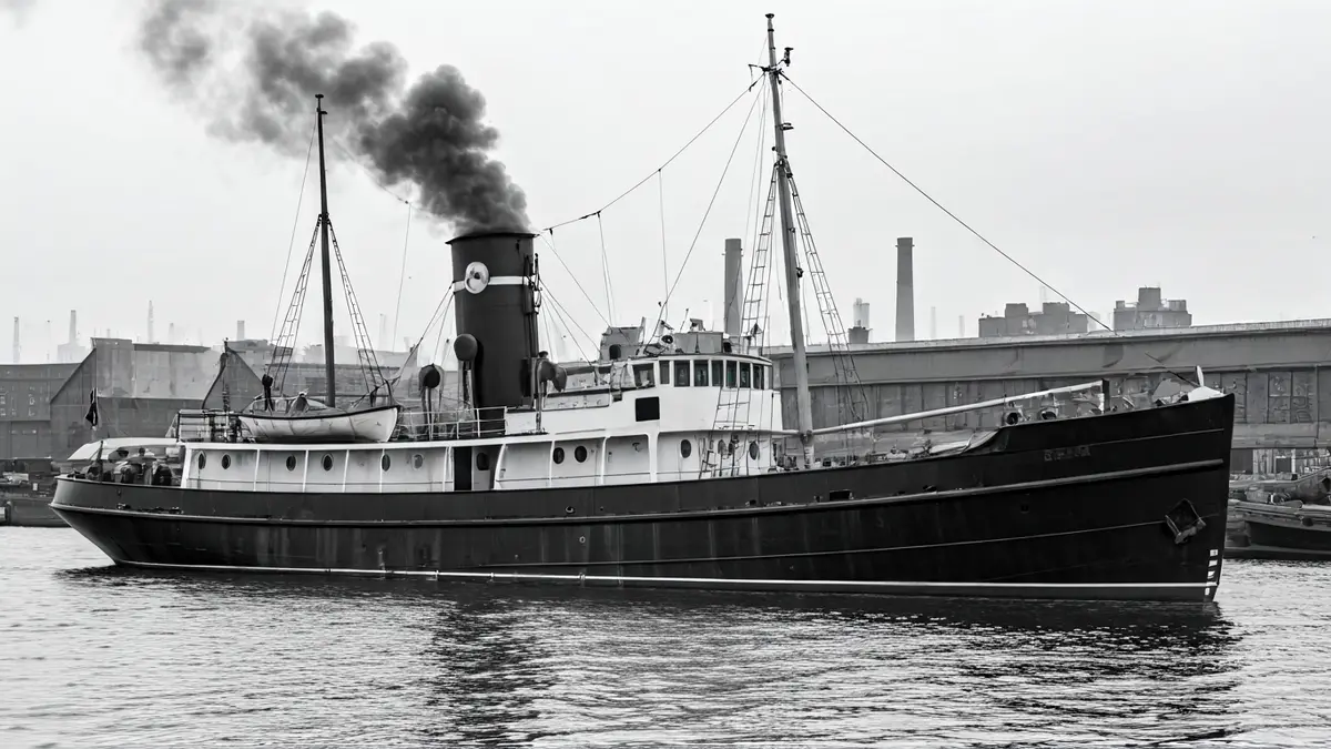 Irudi generikoa 1950eko hamarkadako bapore baten argazki zahar batena, portu batean ainguratuta.