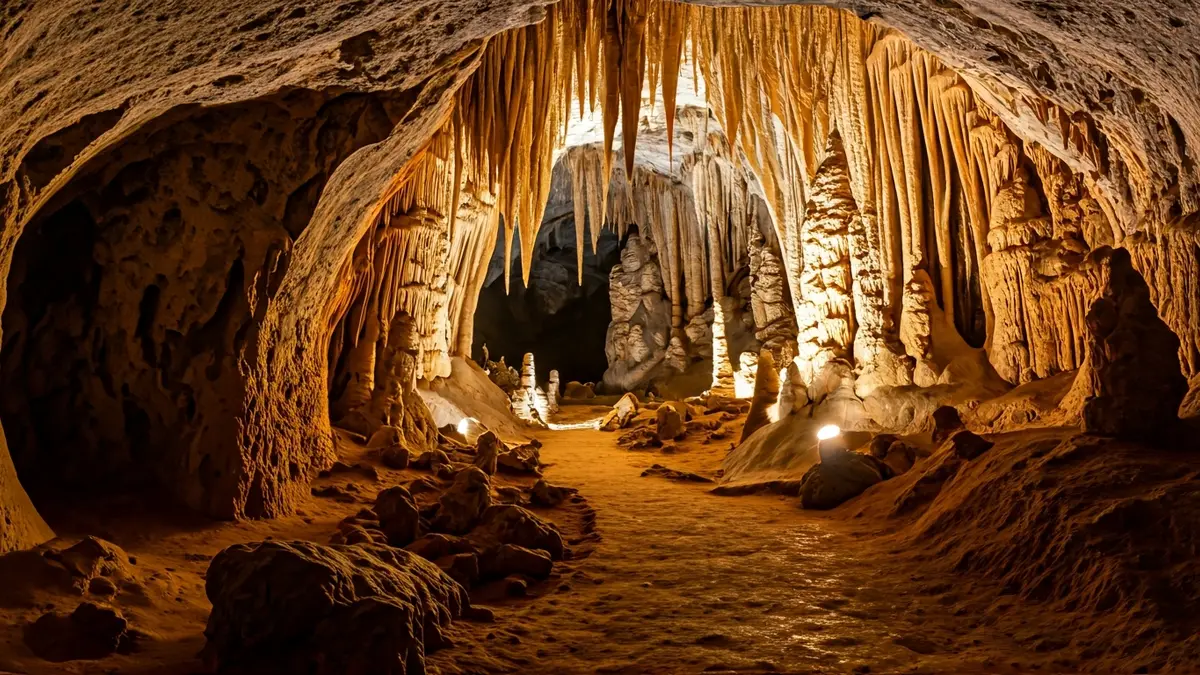 Karrantzako Pozalagua kobazuloaren sarrera, argi gutxirekin, estalaktita eta estalagmitak erakusten dituena.