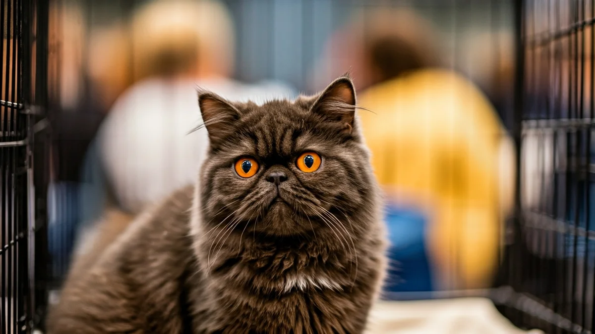 Katu persiar beltz baten irudi hurbila, begi laranja deigarriekin, erakusketa-kaiola batean eserita.