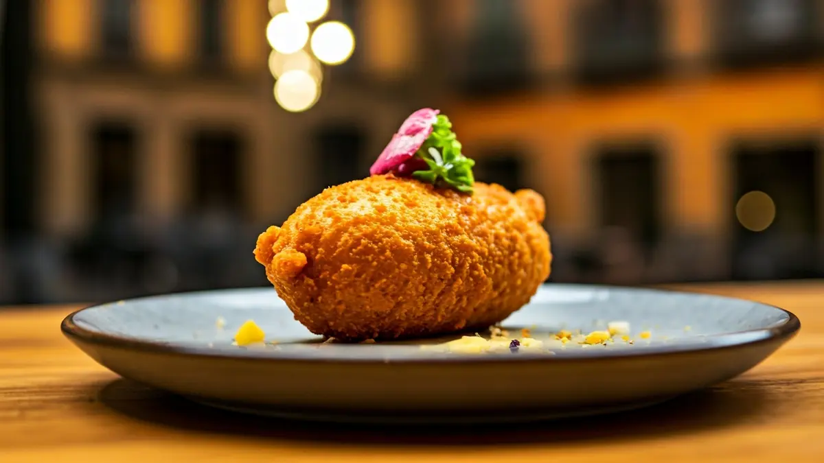 Imagen de un cachopo gourmet con una presentación creativa y moderna, sobre una mesa de madera en un restaurante