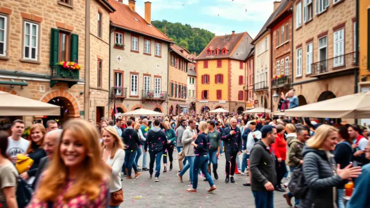 Lazkaoko jai giroaren irudi generikoa, jendea ospatzen eta konfetiak airean.