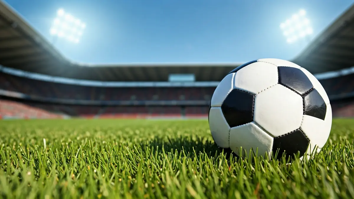 Generic image of a soccer ball on grass, with blurred stadium lights in the background.