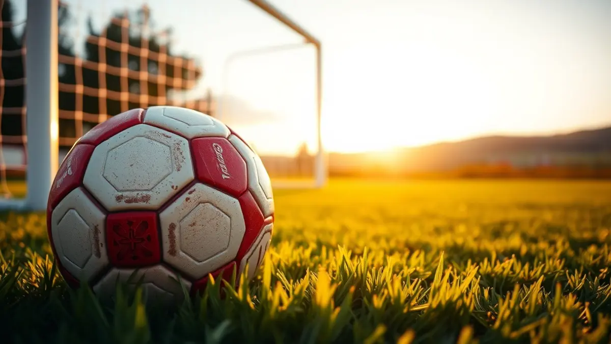 Generic image of a soccer ball on grass, with a blurred goal in the background.