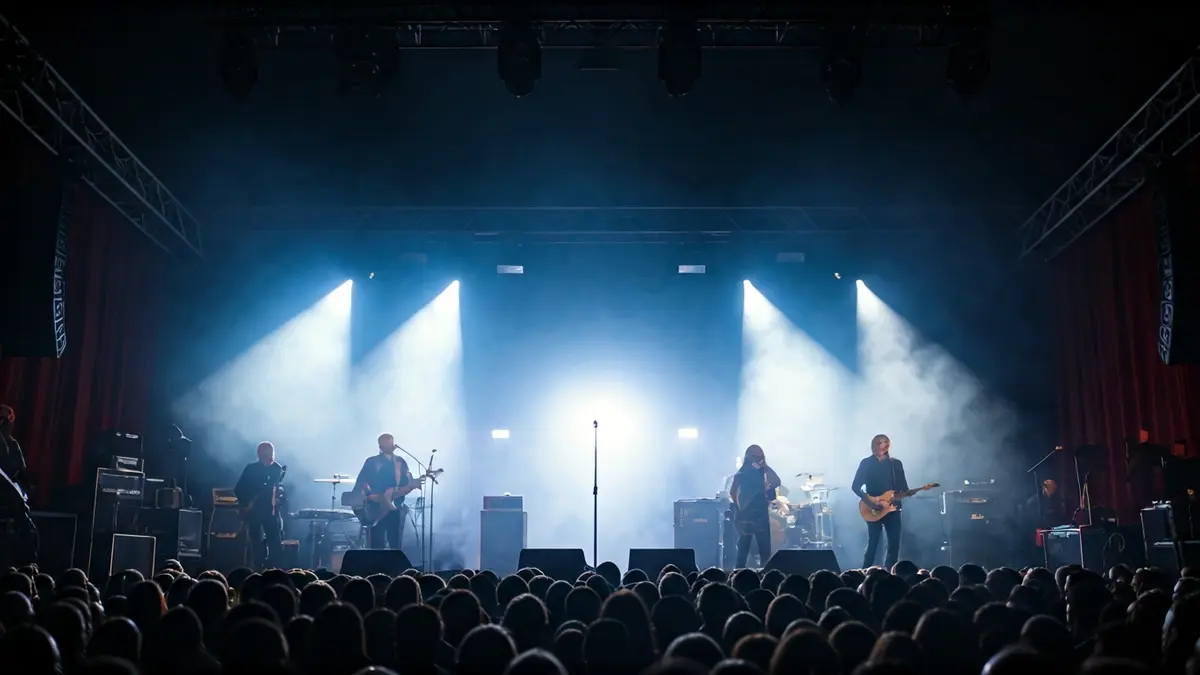 Imagen genérica de un escenario de concierto de metal con iluminación dramática.