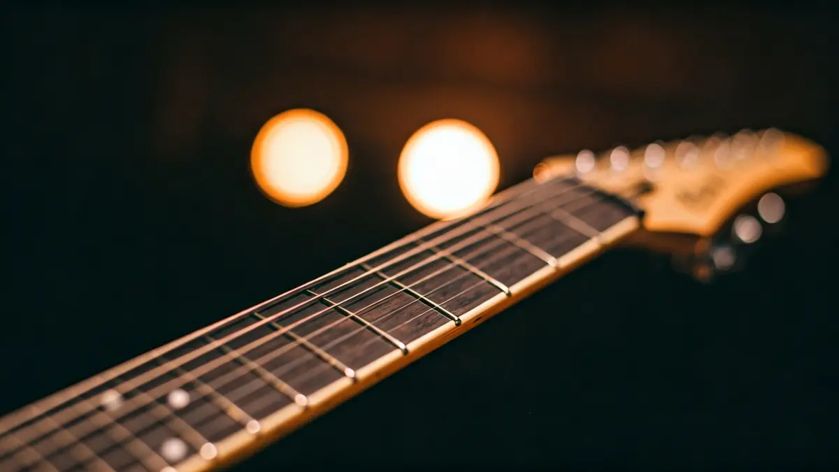 Irudi generikoa metal kontzertu baten gitarra baten lepoaren xehetasunarekin, atzealdean eszenatokiaren argiak lausotuta.