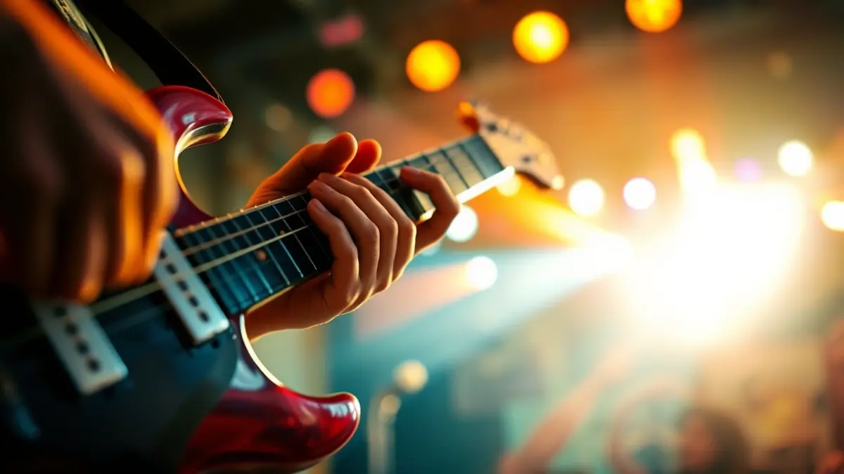 Imagen genérica de un primer plano del mástil de una guitarra en un concierto de punk-rock, con luces dinámicas.