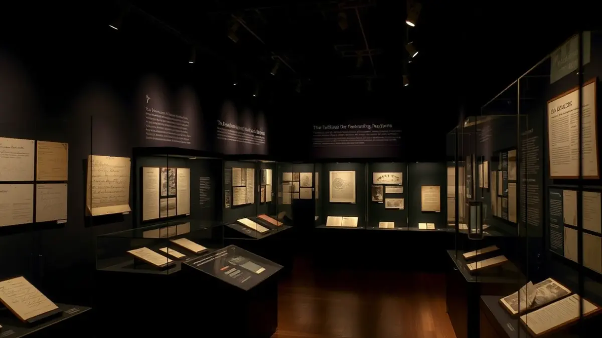Museum exhibition hall displaying historical documents and manuscripts on the evolution of communication systems.